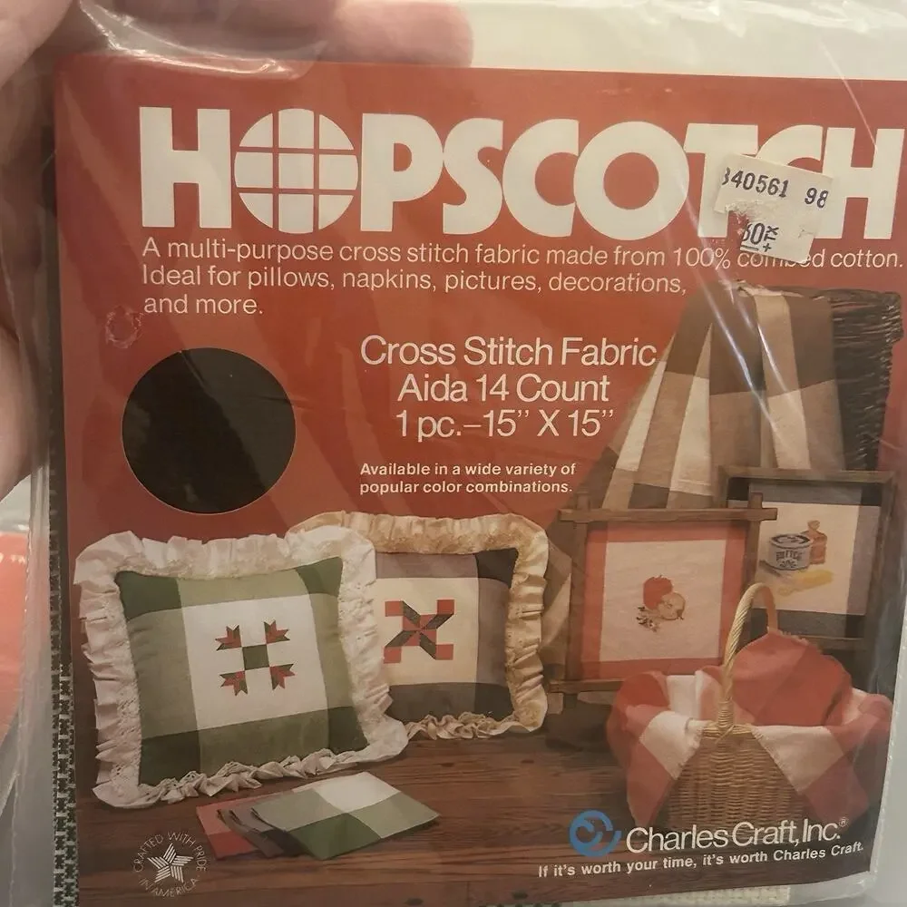 Lot of 3 Hopscotch Cross Stitch Fabric Green, Yellow, Red NOS Charles Craft VTG